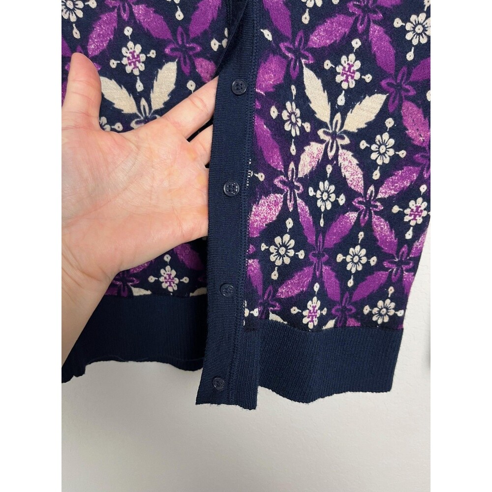 Tory Burch Cardigan Sweater Womens Small Blue Floral Wool Button Front Knit - Picture 4 of 8